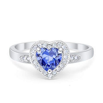 Halo Heart Promise Ring Round Simulated Tanzanite CZ 925 Sterling Silver